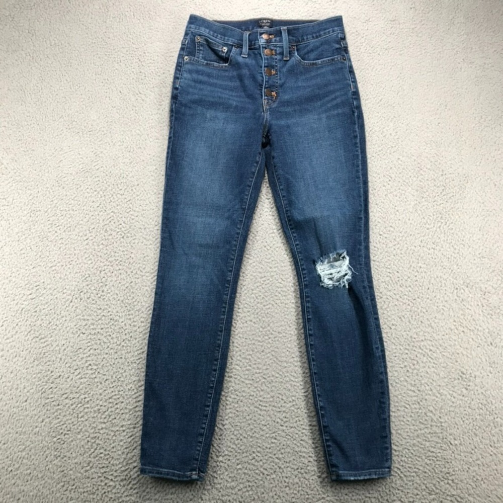 J CREW Factory Jeans Womens Size 28 9" Mid-Rise Skinny Distressed Button Fly